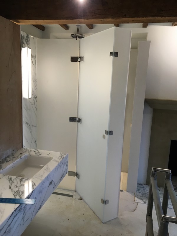 Bespoke frosted glass shower enclosure in Rickmansworth luxury bathroom